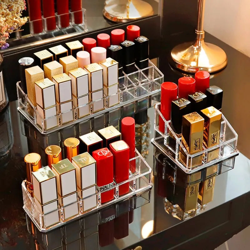 présentoir cosmétique transparent moderne boîte rangement maquillage acrylique 10 gonds doré minimaliste