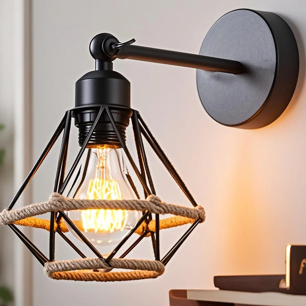 lampe murale industrielle cage métal noir ampoule filament corde éclairage chambre salon étude salle