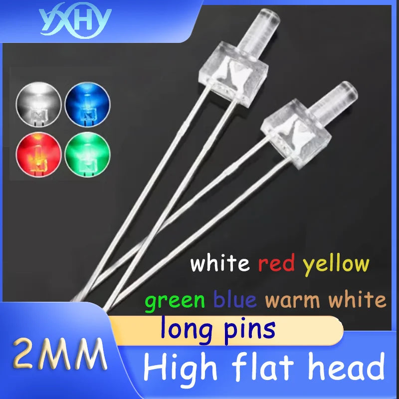 diodes led transparentes 2mm blanc rouge jaune bleu vert blanc chaud pack 100pcs