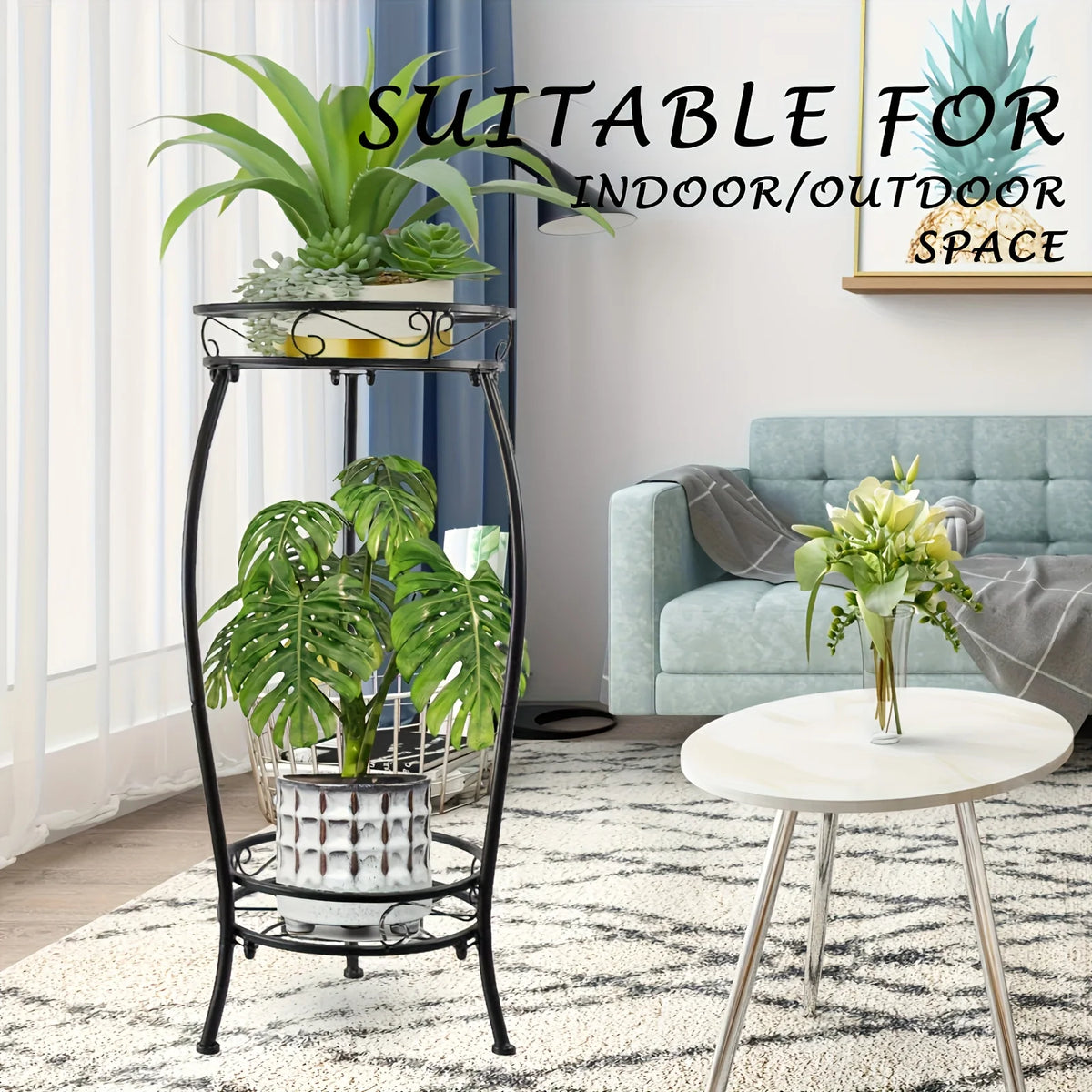 support plante étagère métal ajouré deux niveaux industriel vintage monstera deliciosa sansevieria fleuriintérieurextérieur