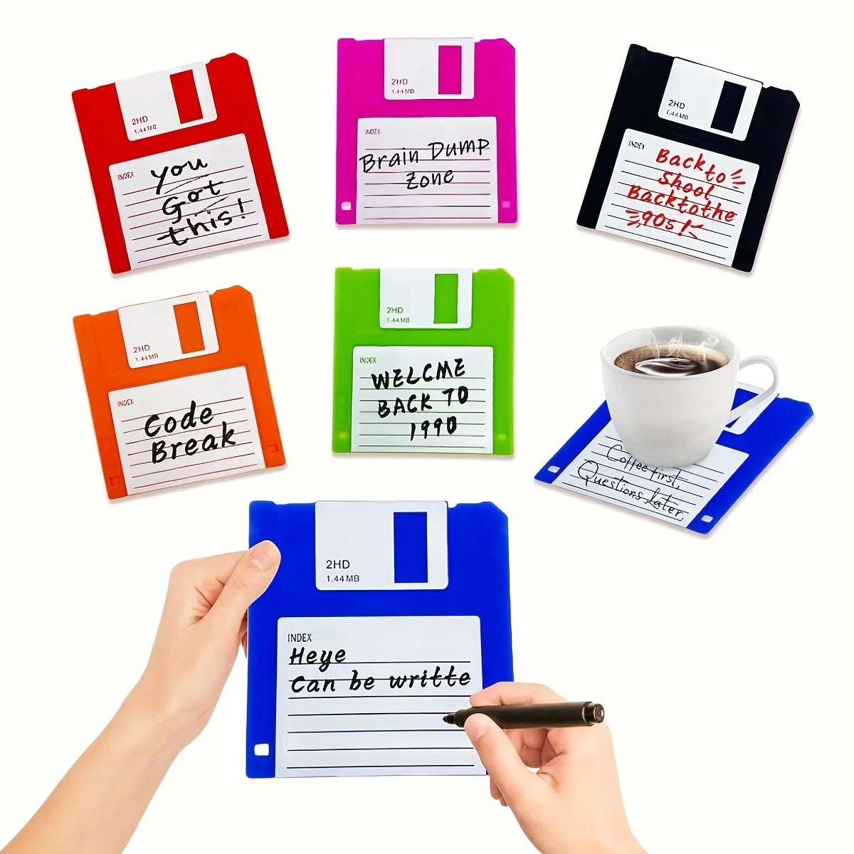 sous verres silicone disquette couleur rouge rose bleu vert nostalgie années 90 respectueux environnement