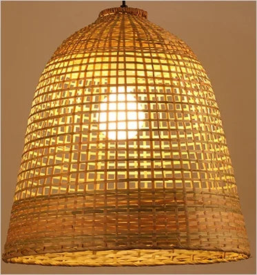 suspension lumineuse moderne bambou tissé ampoules led beige clair fixations câble opacité rustique