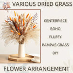 bouquet fleurs séchées boho beige orange brunes plumes feuilles naturel vase blanc plateau bois