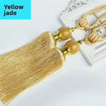 pompons rideau gris bleu jaune rouge classique anciens anneaux métalliques élégants ornement chambre salon