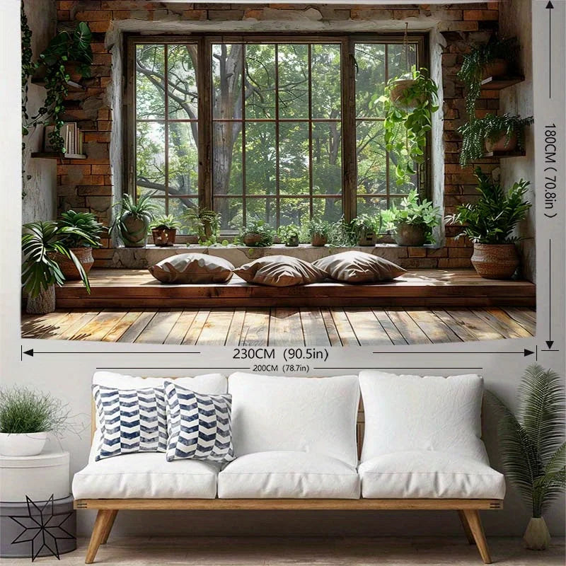 tapisserie rustique scénique fenêtre plantes bois salon brun beige vert