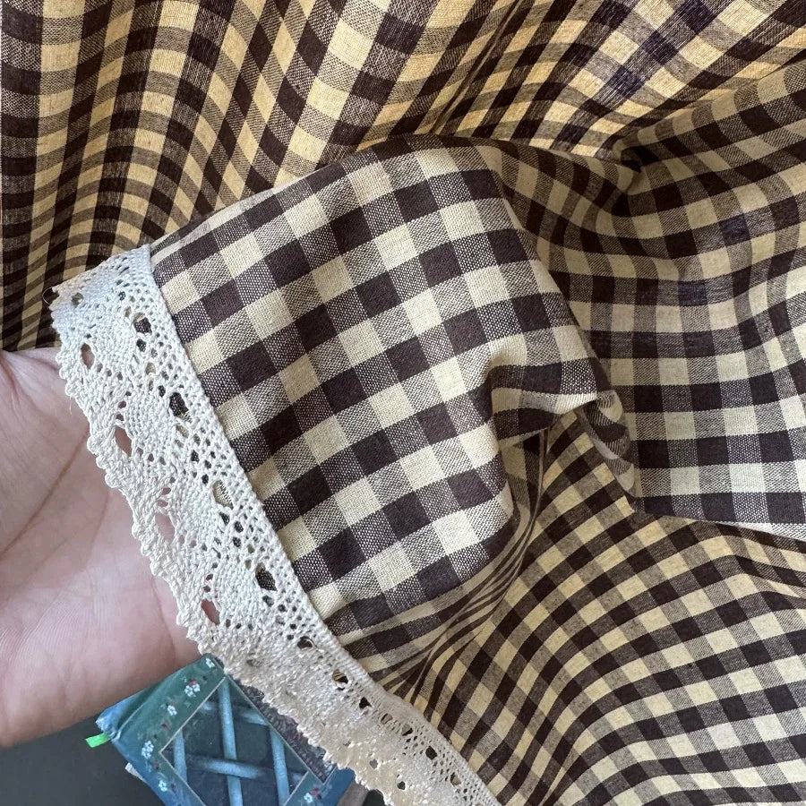 rideau marron clair carreaux gingham vintage polyester ruban dentelle cuisine chambre salon