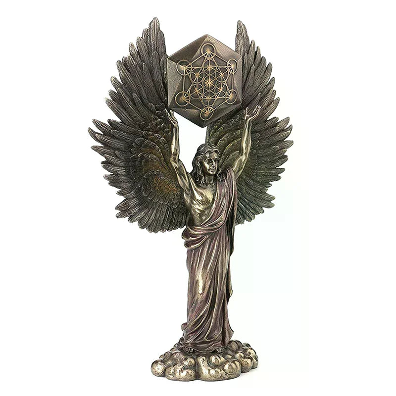 figurines anges ailes plumeuses bronze patiné symbolique épée serpent religieux spiritualité