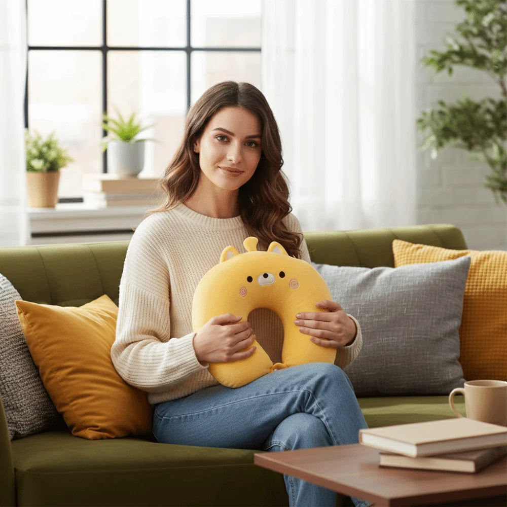 oreiller cervical forme chat peluche jaune gris kawaii doux transformable literie