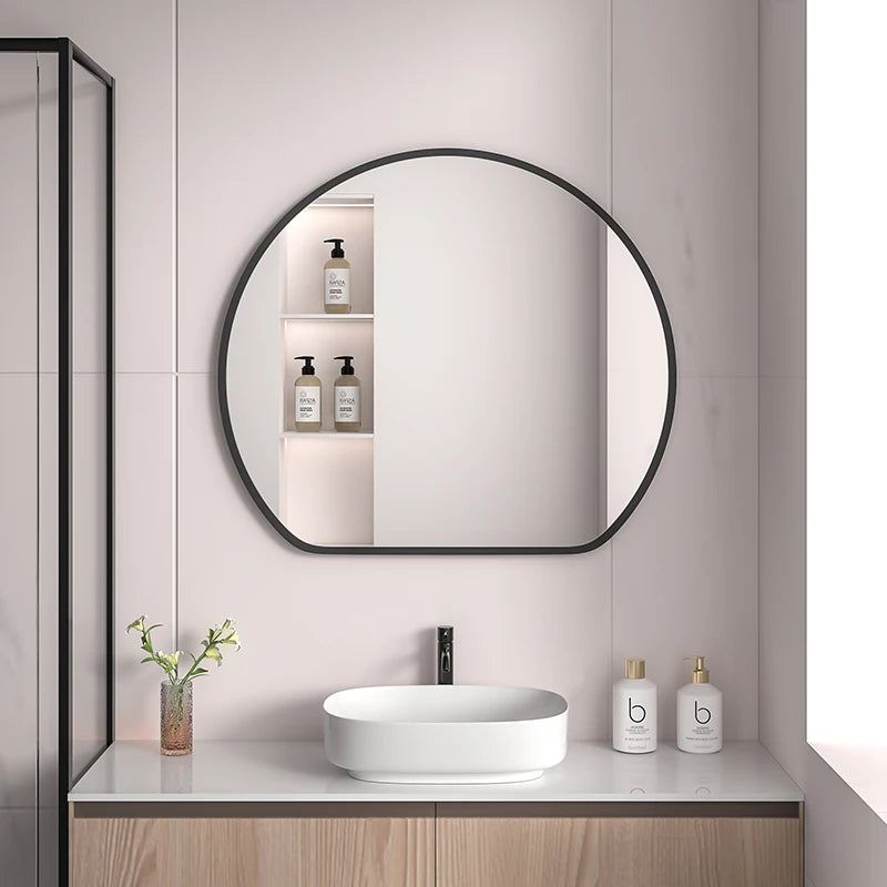 miroir rond moderne noir blanc doré étagère cosmétiques vasque ovale salle bain