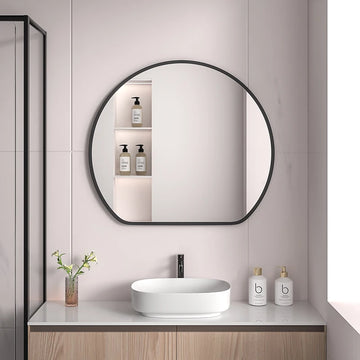 miroir rond moderne noir blanc doré étagère cosmétiques vasque ovale salle bain