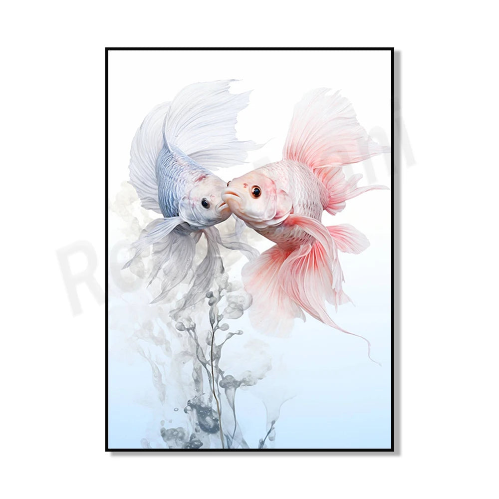 Deux poissons betta aux couleurs contrastées flottent dans l'eau, créant une scène élégante et harmonieuse.