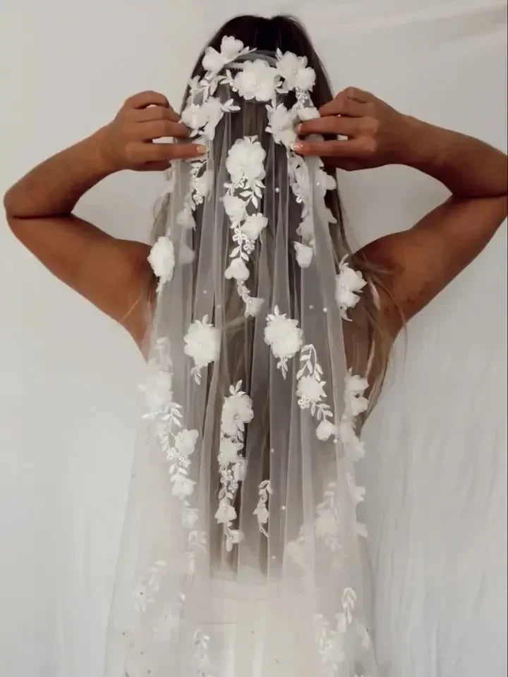 voile mariée blanc fleurs relief classique romantique transparent dentelle polyester femme