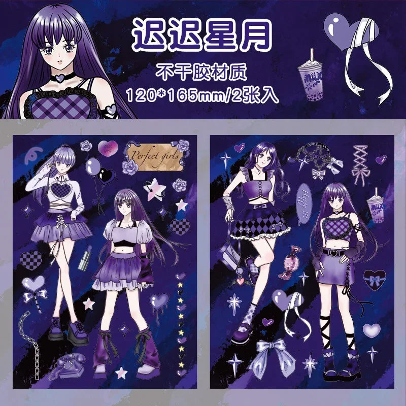 autocollants manga personnages textes confettis bleu violet noir blanc opaques scrapbooking álbum journal intime