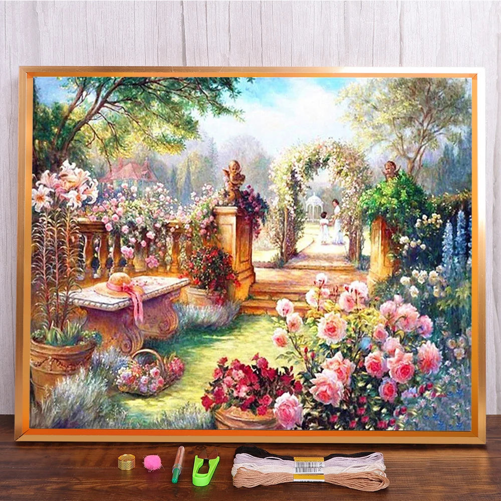 broderie paysage fleurs feuilles multicolore artisanal toile coton fil aiguille guide couleurs échantillons