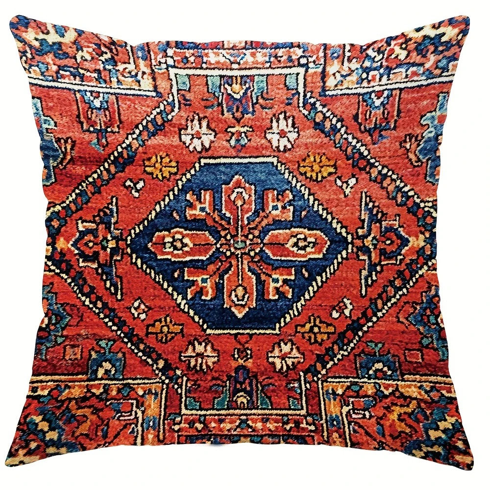housse coussin ethnique motif géométrique rouge bleu polyester tissage artisanal zipper décoration canapé lit