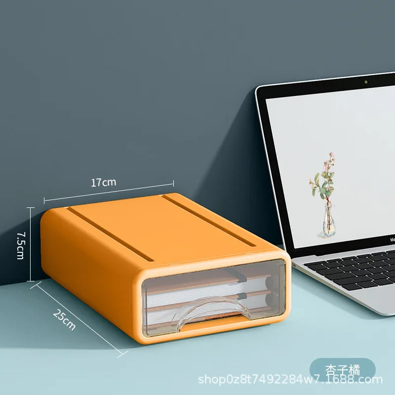 boîtes rangement transparentes modernes couleurs bleu orange jaune crayons calculatrice carnet étiquettes autocollants
