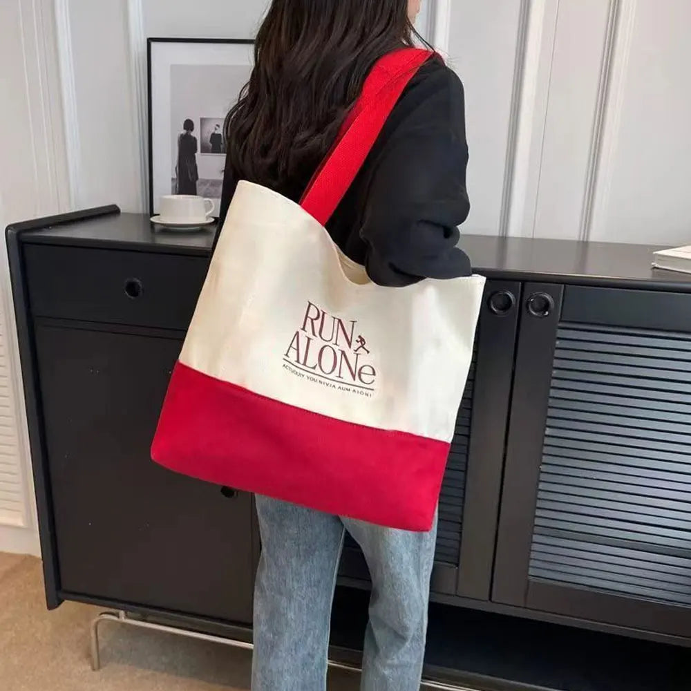 sac main toile blanc rouge lettres noires imprimées casual opaquet fourre tout décontracté polyvalent
