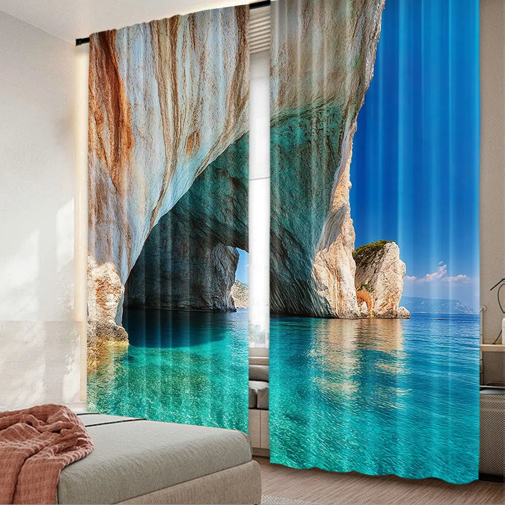 rideau bleu paysage marin moderne semi opaque polyester 75x166cm 105x230cm 130x210cm