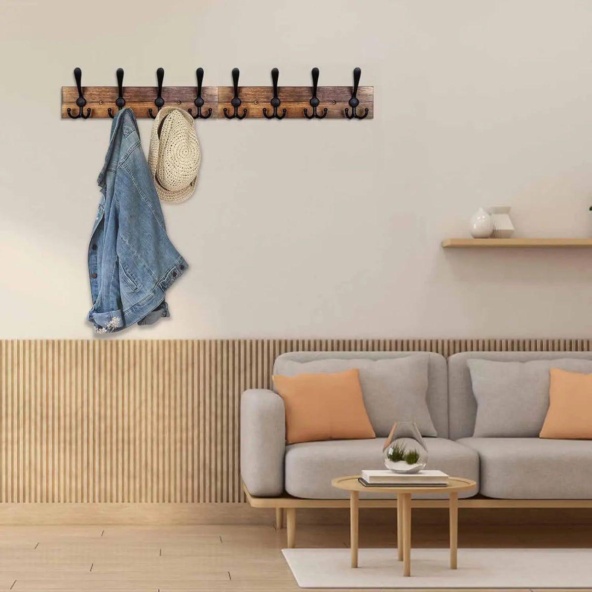 porte manteaux mural rustique crochets bois pin métal noir vis chevilles vestes chapeaux sacs