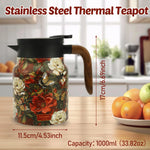 théière thermique acier inoxydable fleurs vintage poignée bois tasse assiette plateau