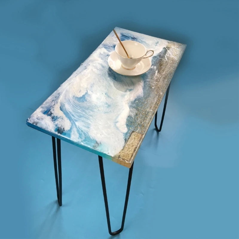 tablette résine moderne fond doré vague bleue blanche décoration plage coquillage fleur citronnée bougie