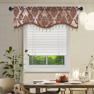 valance fenêtre motif floral marron beige doré traditionnelle fixée tringle pochette élégante décoration salon