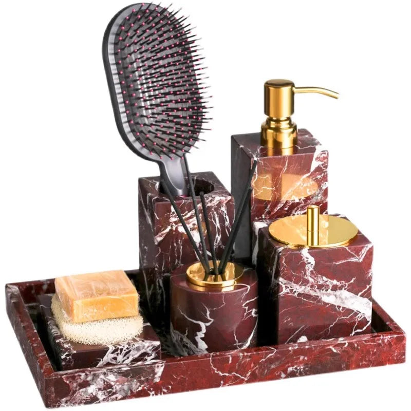 ensemble salle bain marbre rouge distributeur savon porte savon diffuseur huile essentielle moderne