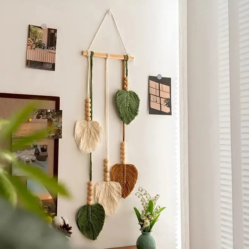 décoration murale boho feuilles vert polyester macramé crochet bois naturel