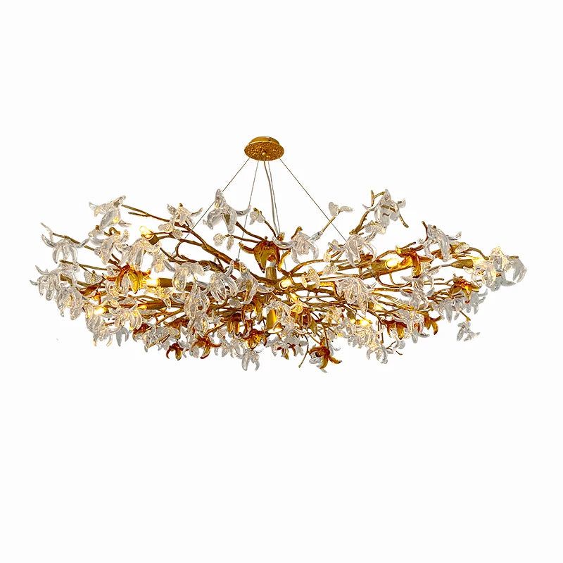 lustre cristal doré branches feuilles translucides moderne élégant suspension salon chambre luxe décoratif
