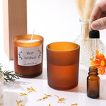 bougies parfumées marron translucides couvercle bambou moderne minimaliste étiquette souhaits flask huiles essentielles