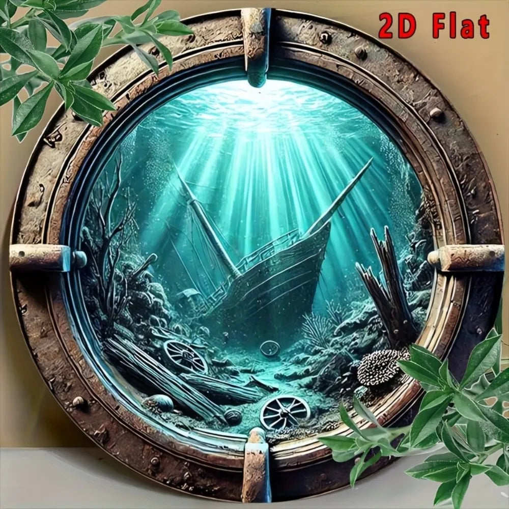 trou port sous marin vintage bateau naufragé algues coraux lumière mur métallique aluminium