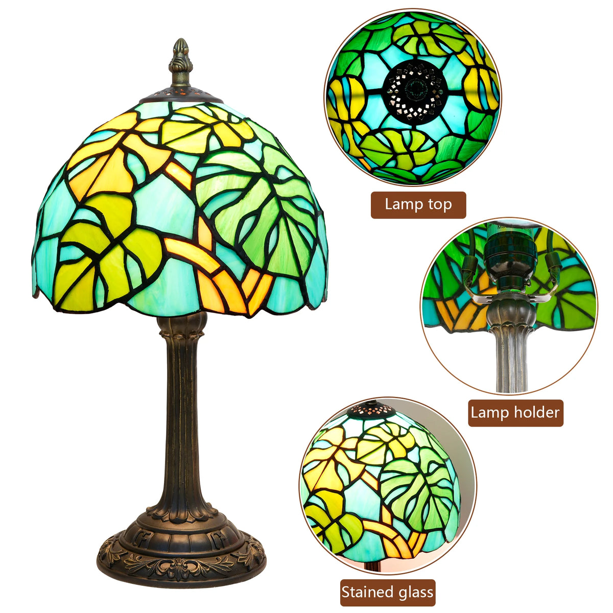 lampe table tiffany feuilles stylisées verre teinté vert bleu jaune brun mosaïque vitrail moderne