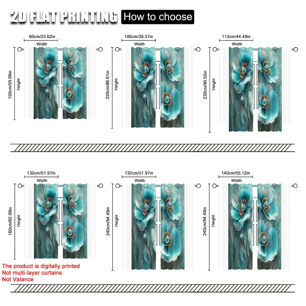 rideaux decoratifs deux panneaux polyester bleu turquoise motifs floraux modernes maison