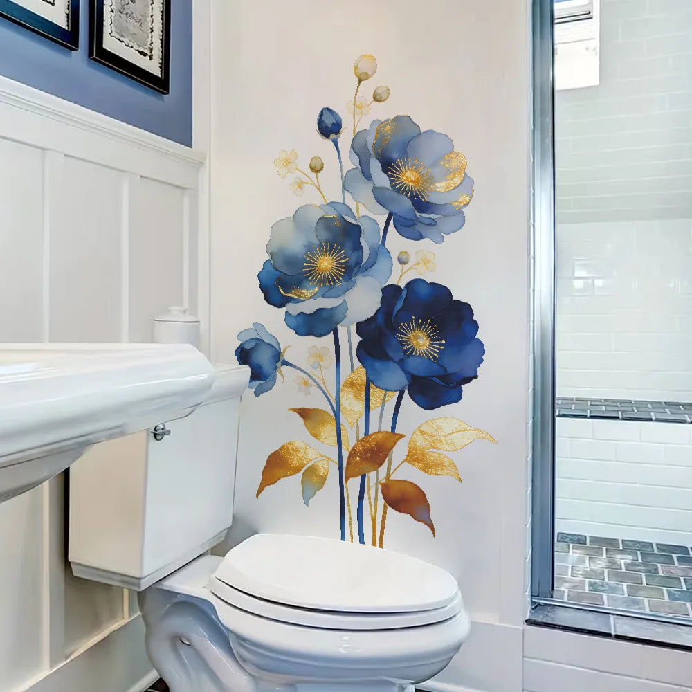autocollant mural moderne fleurs bleues feuilles dorées intérieur salle bain toilette 30x60cm opaque adhésif