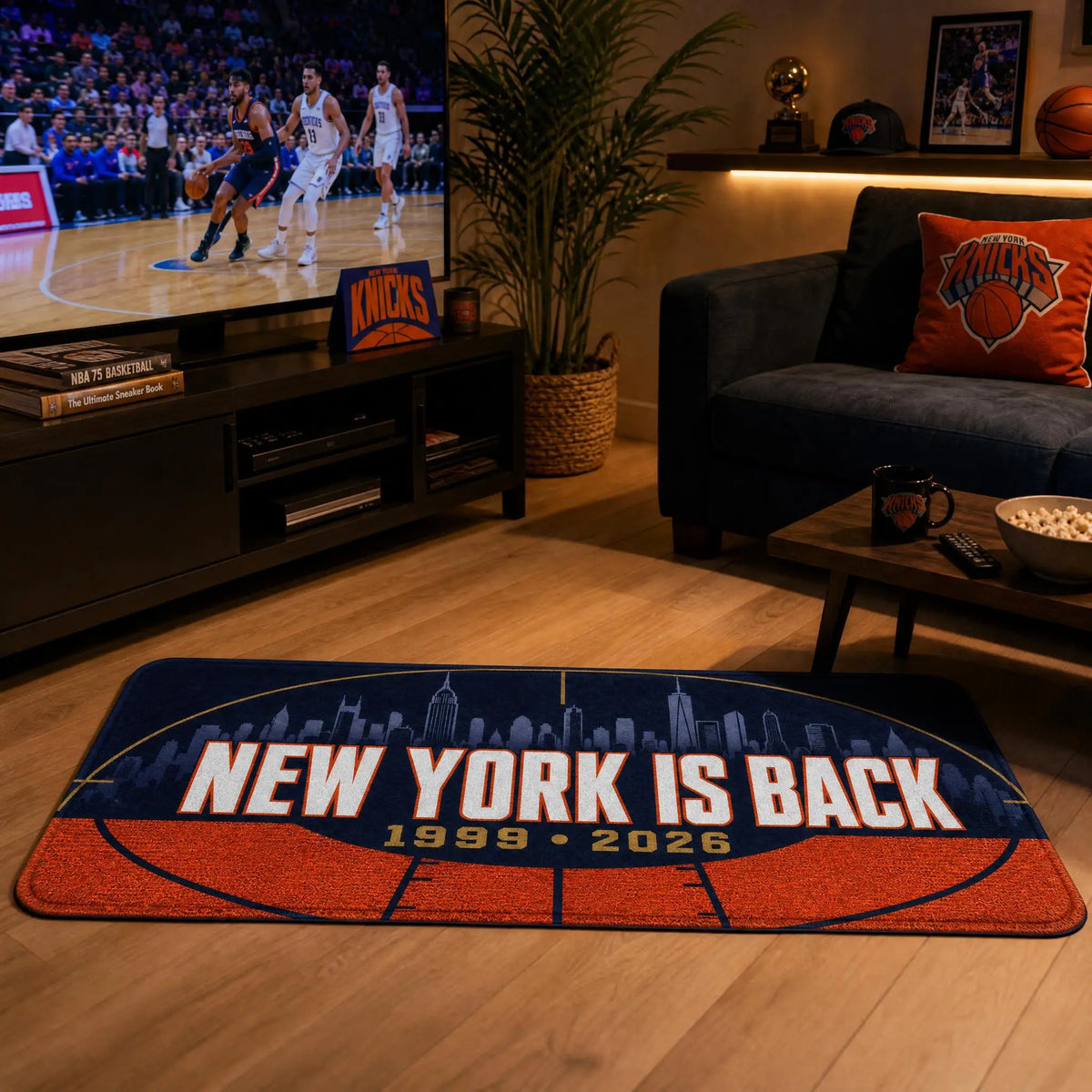 tapis polyester antidérapant basket ball york moderne bleu foncé orange salon salle sport entree