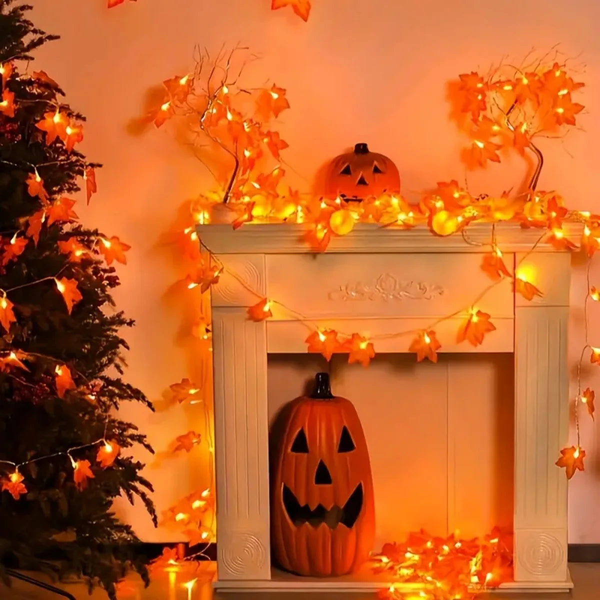 guirlande lumineuse feuilles érable rouges orange automne halloween 20 30 40 led batterie sèche