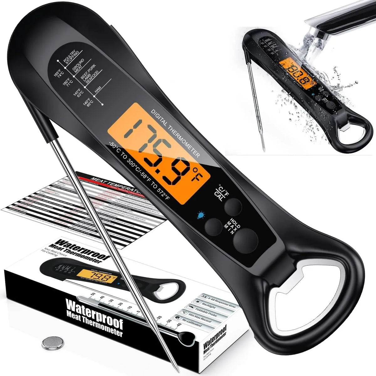 thermomètre numérique sonde écran lcd rétroéclairé aimant étanche noir rouge