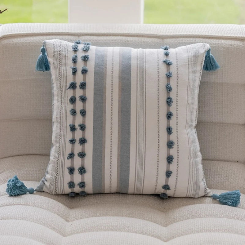 coussin moderne rayé 30x90cm pompons dorés bohème arc ciel pastel