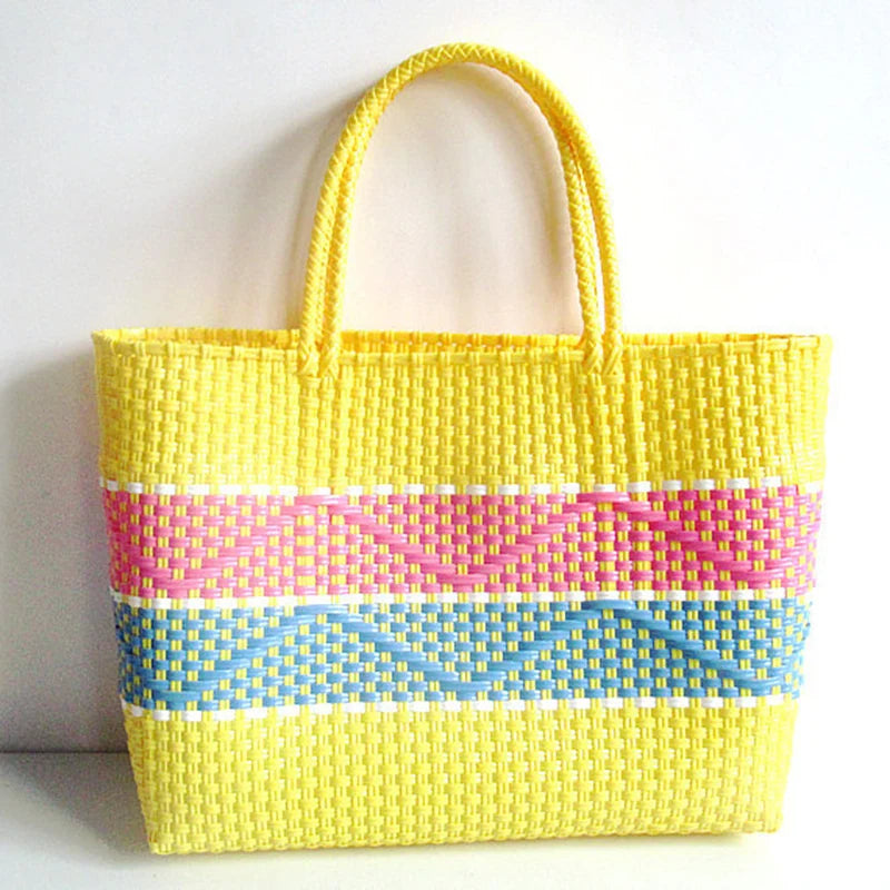 sac main plastique tissé géométrique polyvalent femme moderne noir blanc jaune bleu turquoise poches