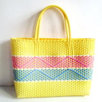 sac main plastique tissé géométrique polyvalent femme moderne noir blanc jaune bleu turquoise poches