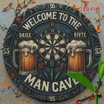 plaque métal vintage cible fléchettes bienvenue man cave tasses bière points rouge noir