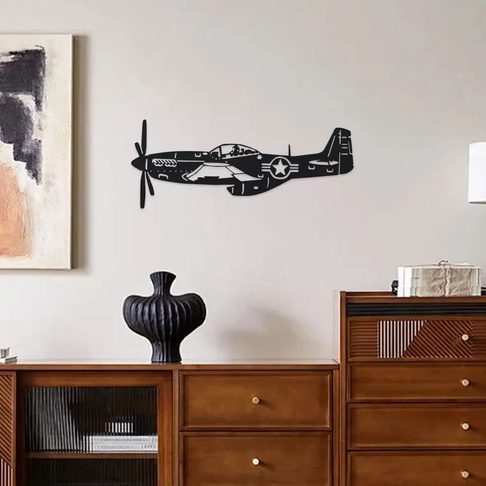avion mural vintage noir détaillé militaire décoration intérieure métal étoile blanche bandes sans fixation
