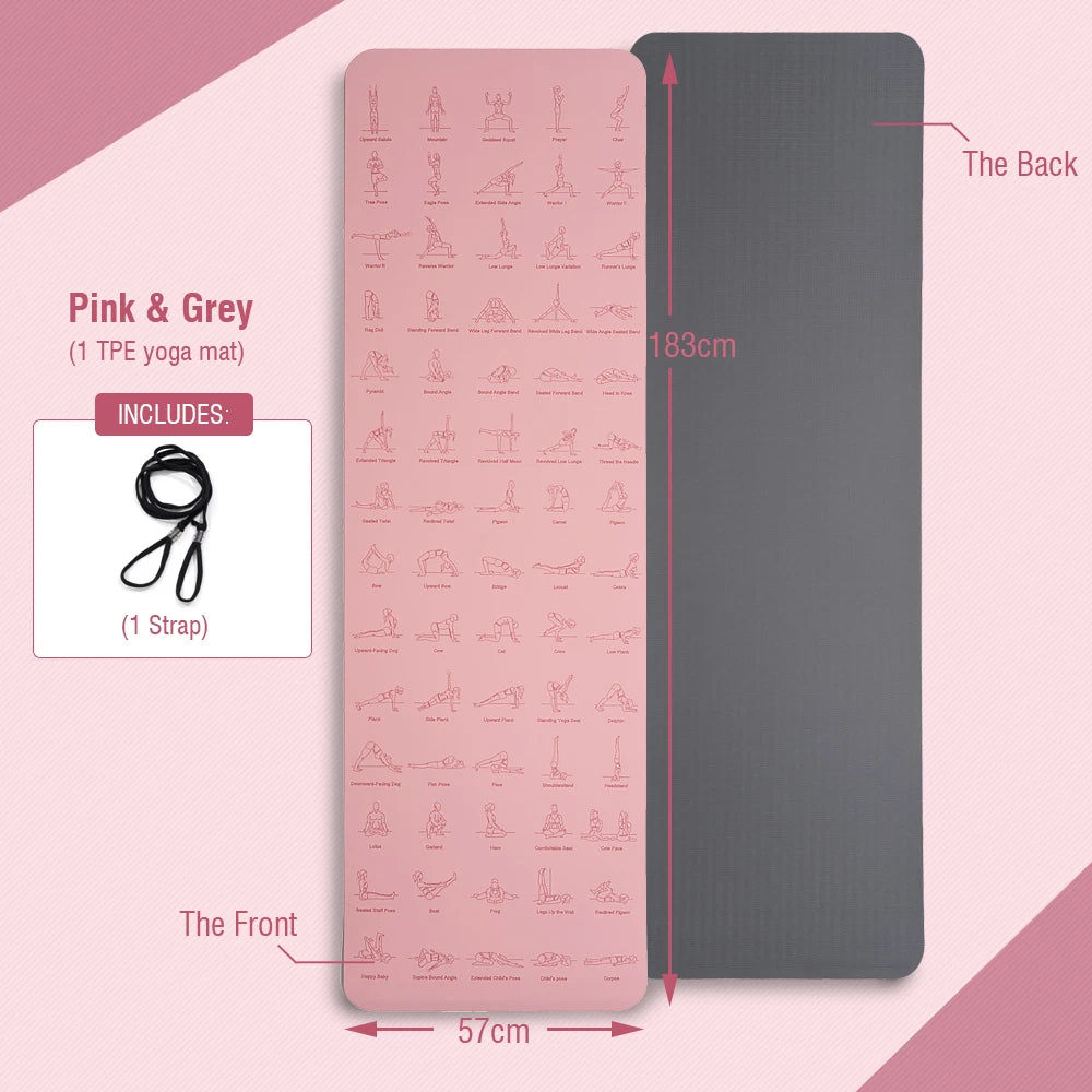 tapis yoga rose gris illustrations postures 6mm moderne opacité cordelette 183x57cm