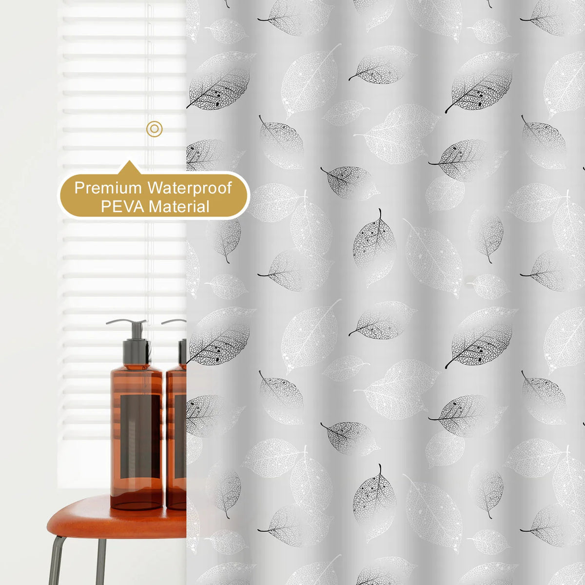 rideau douche moderne feuilles noires éva opaque respectueux environnement blanc grisclair