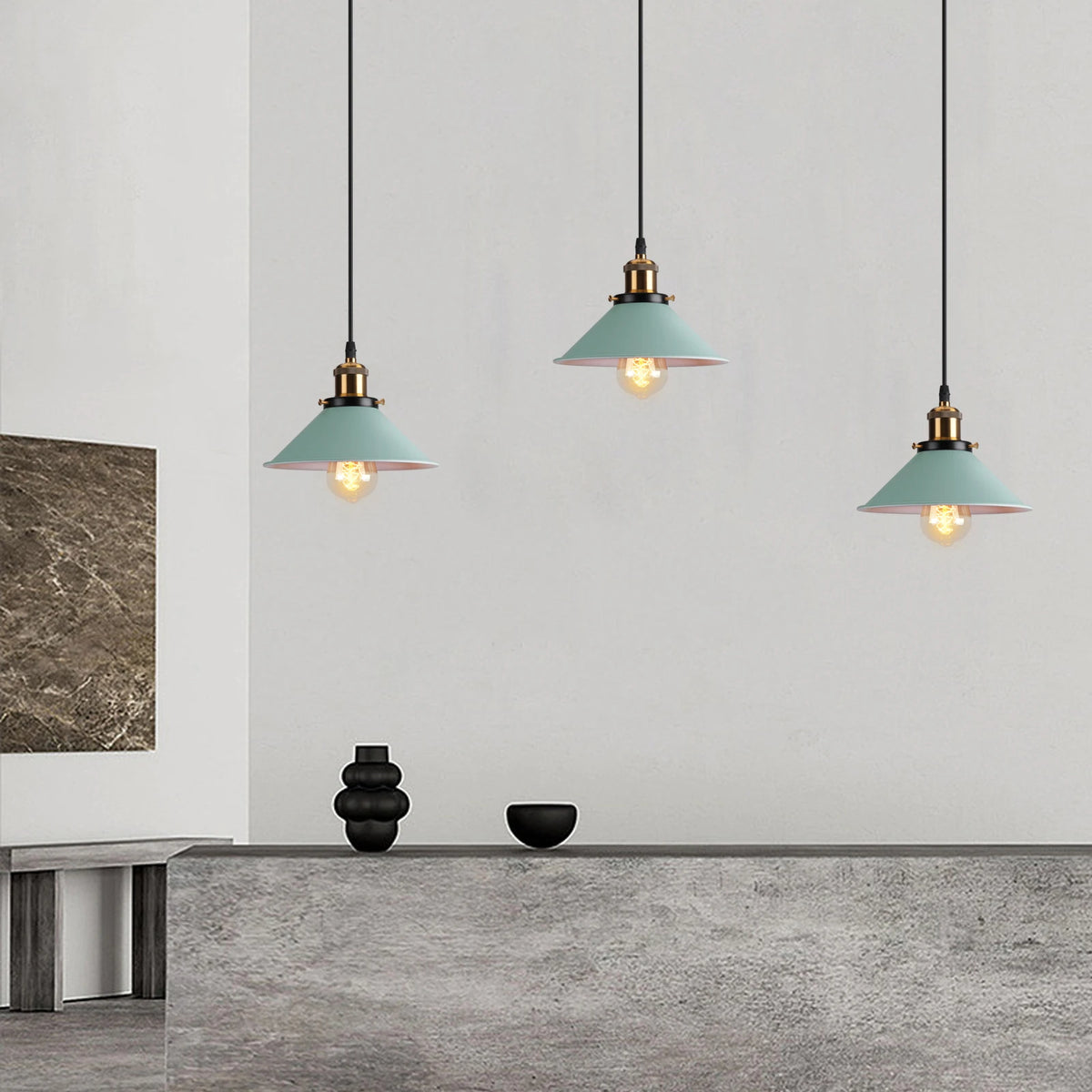 abat jour moderne fer noir blanc vert clair orange tringle ampoule fixe suspension