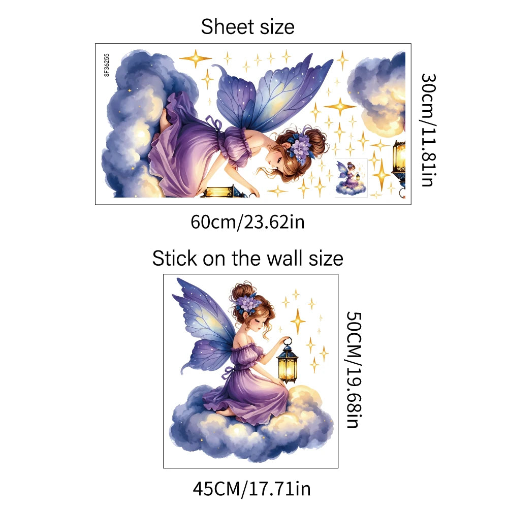 autocollant mural fée dessin animé violet blanc doré décoration maison chambre enfant ailes lanternes