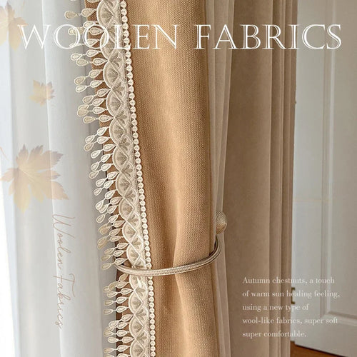 rideau moderne polyester beige clair foncé dentelle blanche opacité élégant français moderne maison