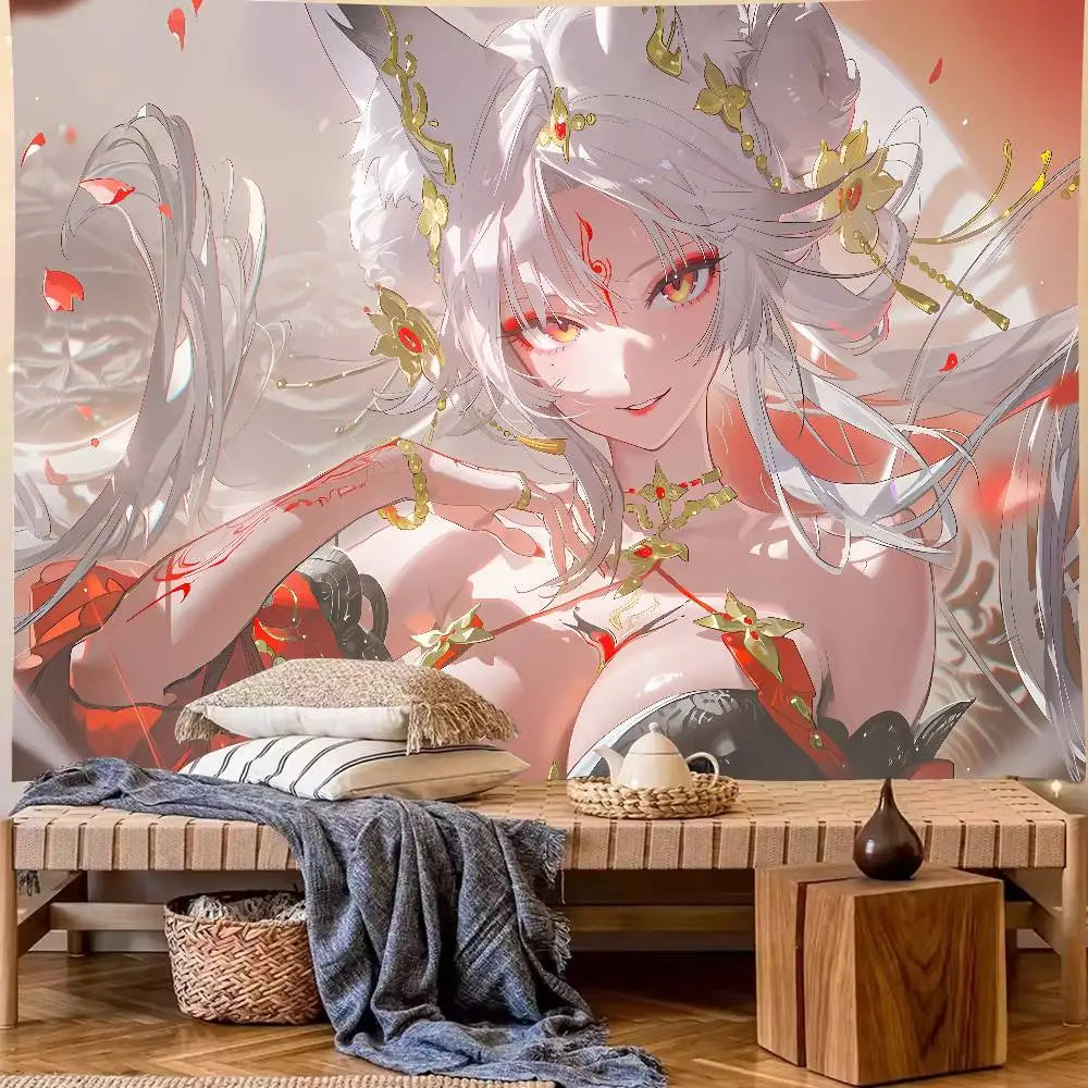 tapisserie murale art numérique anime femme cheveux blancs accessoires dorés détails floraux 100x150cm 150x200cm