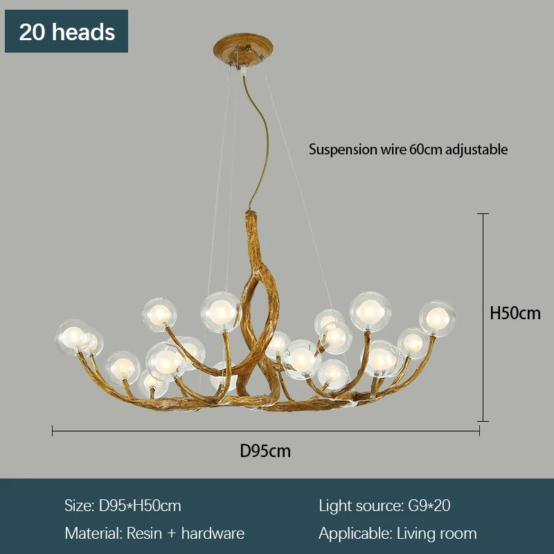lampe suspendue moderne dorée branches naturelles 12 boules verre chaînes métalliques salon chambre