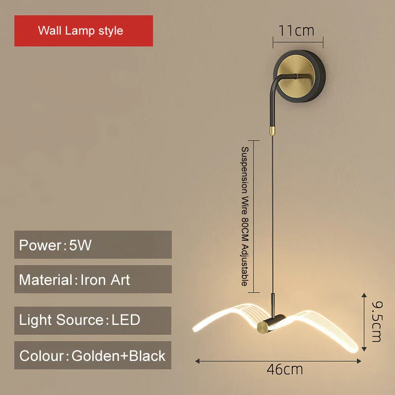 lampe suspension or noir moderne oiseau contemporain fer acrylique fixée mur éclairage chambre salon